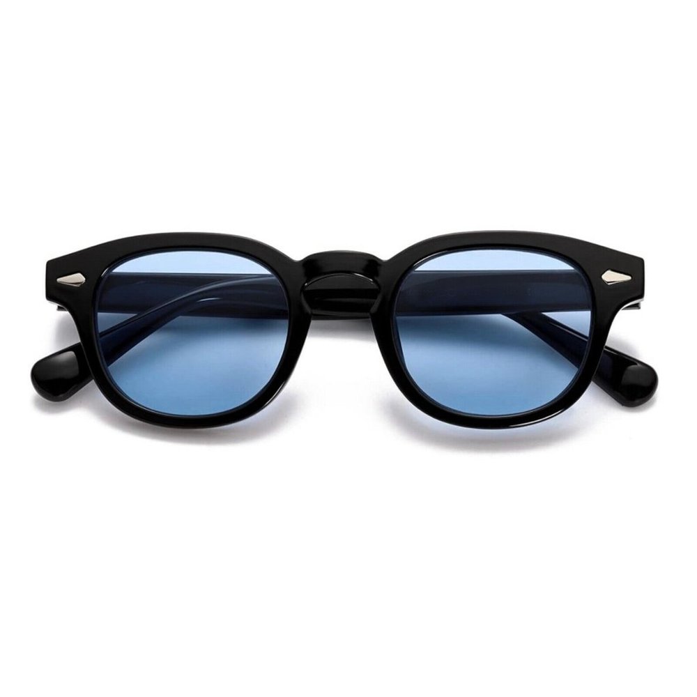 Trendy Men Women Blue Lens Black Frame Circle Beach Shades Round Sunglasses